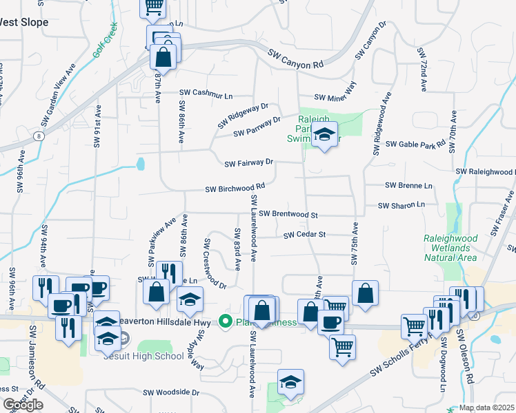 map of restaurants, bars, coffee shops, grocery stores, and more near 3950 Southwest Laurelwood Avenue in Portland