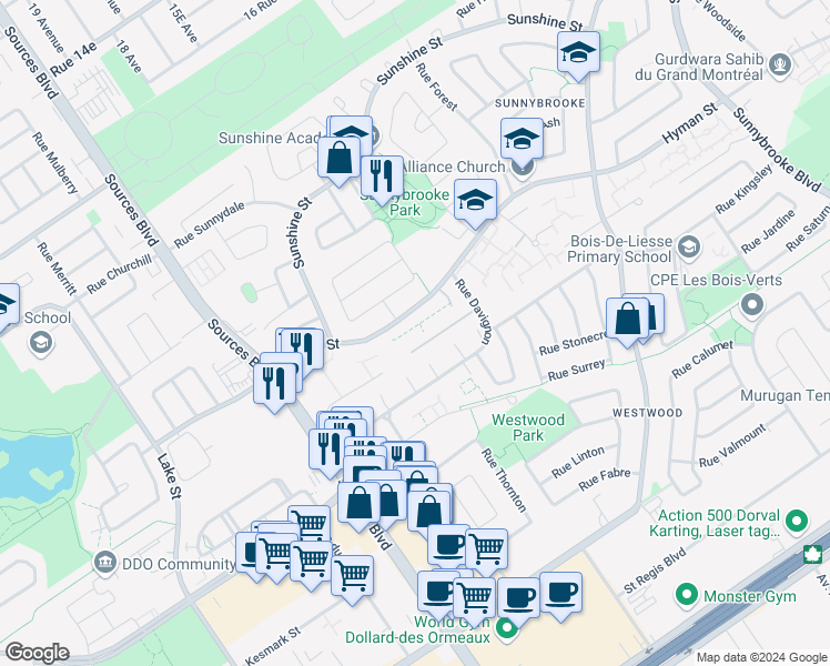 map of restaurants, bars, coffee shops, grocery stores, and more near 329 Rue Hyman Drive in Dollard-des-Ormeaux