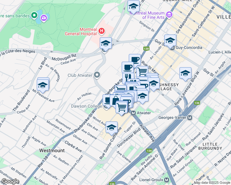 map of restaurants, bars, coffee shops, grocery stores, and more near in Montreal