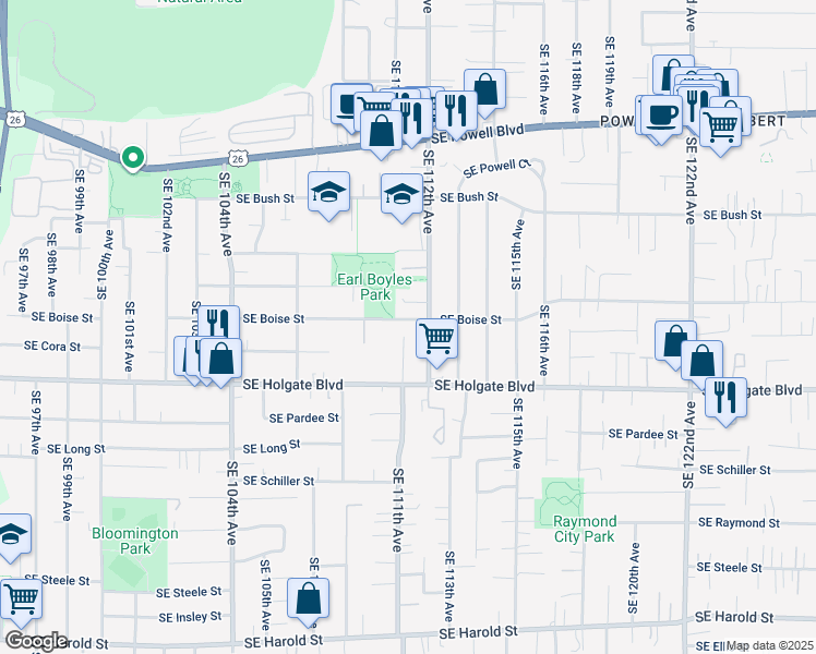 map of restaurants, bars, coffee shops, grocery stores, and more near 4121 Southeast 112th Avenue in Portland