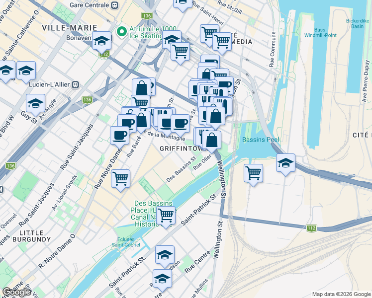 map of restaurants, bars, coffee shops, grocery stores, and more near 170 Rue Rioux in Montréal