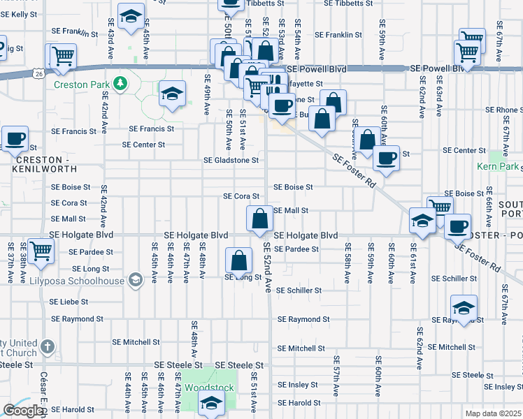 map of restaurants, bars, coffee shops, grocery stores, and more near 4325 Southeast 52nd Avenue in Portland