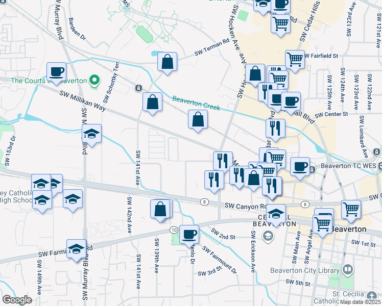 map of restaurants, bars, coffee shops, grocery stores, and more near in Beaverton