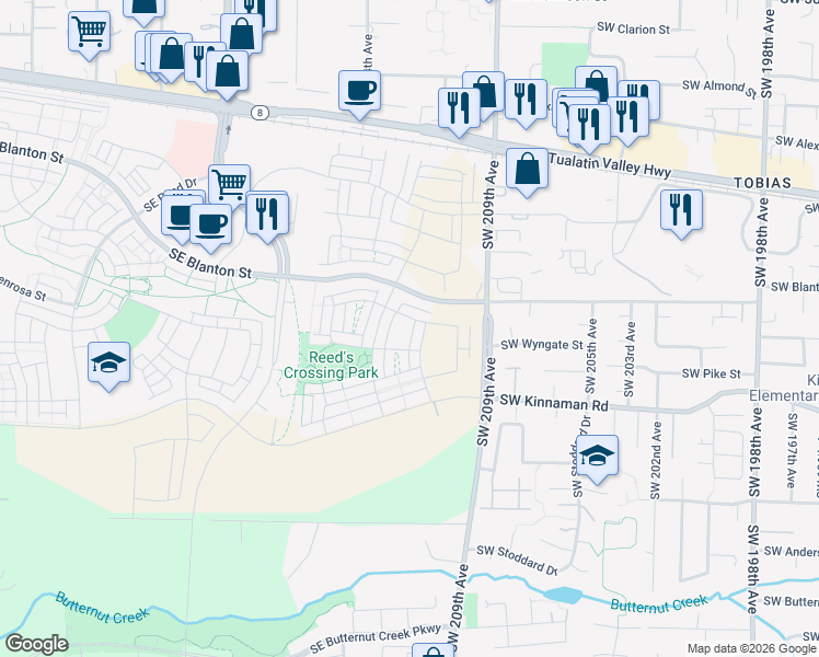 map of restaurants, bars, coffee shops, grocery stores, and more near 3801-3887 Southwest 209th Avenue in Aloha
