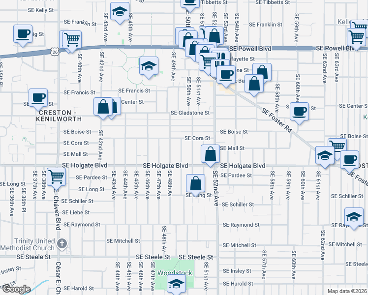 map of restaurants, bars, coffee shops, grocery stores, and more near 4334 Southeast 49th Avenue in Portland
