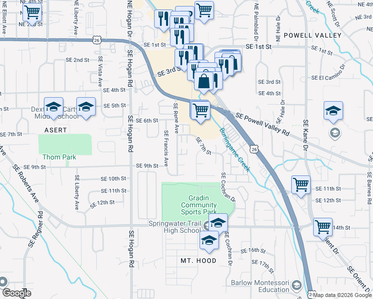 map of restaurants, bars, coffee shops, grocery stores, and more near 2288 Southeast 7th Street in Gresham