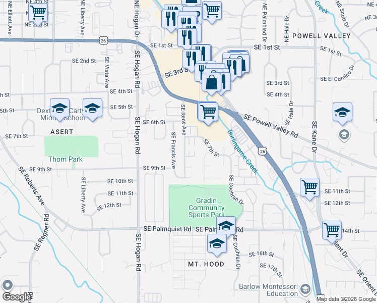 map of restaurants, bars, coffee shops, grocery stores, and more near 2288 Southeast 7th Street in Gresham