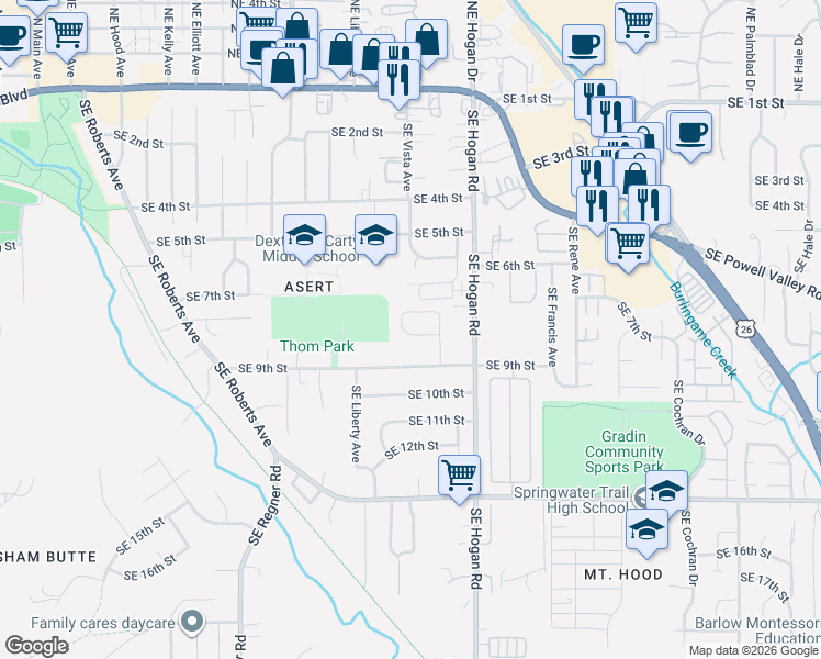 map of restaurants, bars, coffee shops, grocery stores, and more near 1475 Southeast 7th Street in Gresham