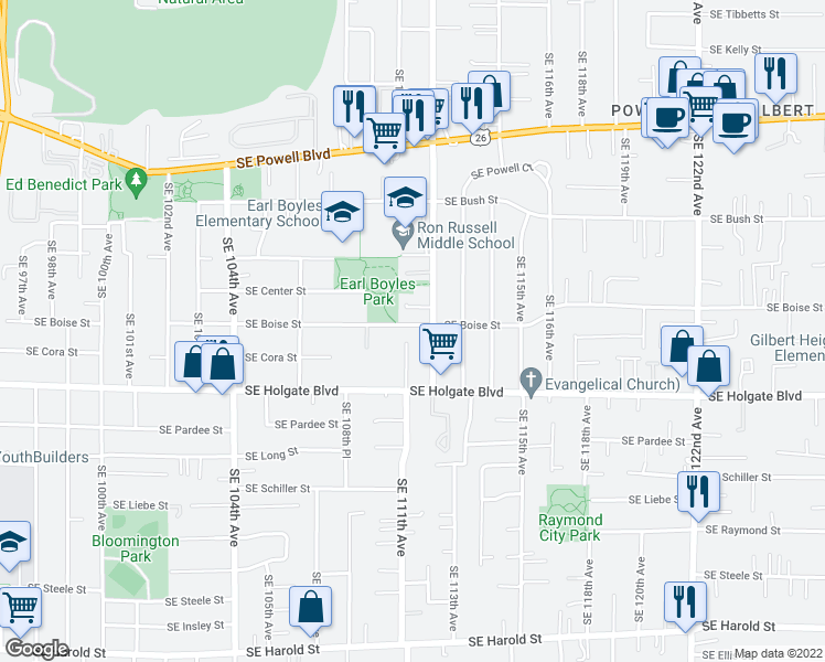 map of restaurants, bars, coffee shops, grocery stores, and more near 4121 Southeast 112th Avenue in Portland