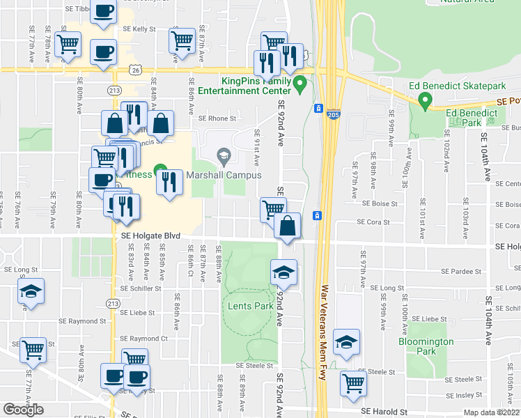 map of restaurants, bars, coffee shops, grocery stores, and more near 9107 Southeast Boise Street in Portland