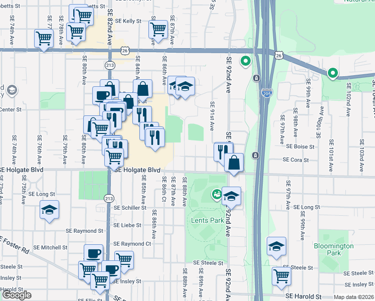 map of restaurants, bars, coffee shops, grocery stores, and more near 4223 Southeast 88th Avenue in Portland