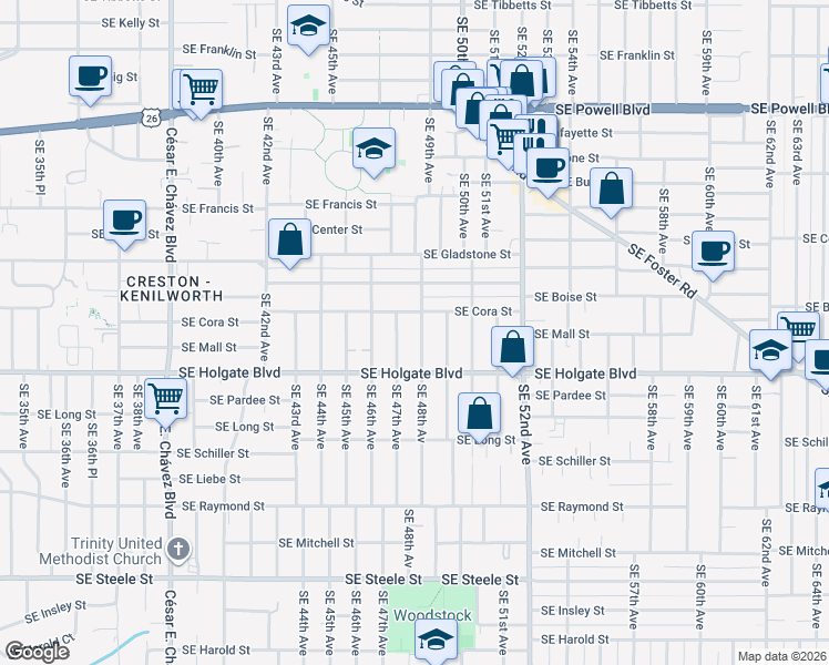 map of restaurants, bars, coffee shops, grocery stores, and more near 4229 Southeast 48th Avenue in Portland