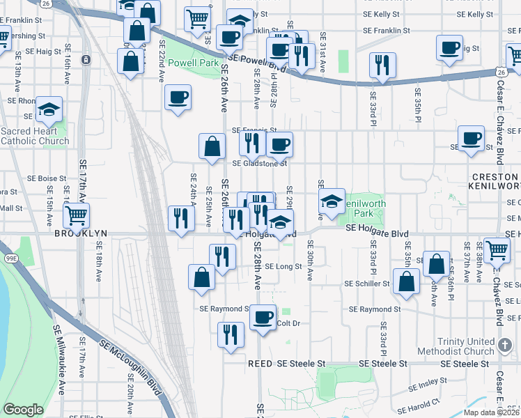 map of restaurants, bars, coffee shops, grocery stores, and more near 4305 Southeast 28th Place in Portland
