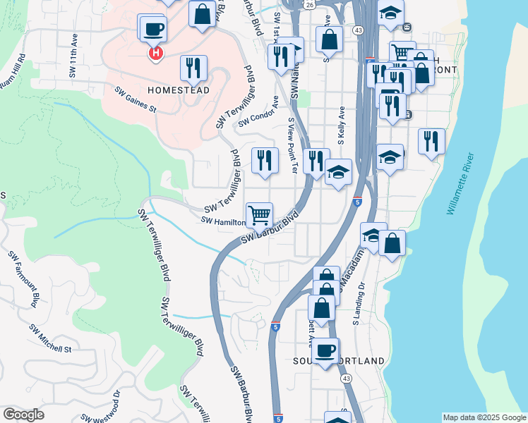 map of restaurants, bars, coffee shops, grocery stores, and more near 4318 Southwest Condor Avenue in Portland