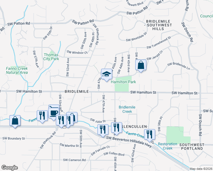 map of restaurants, bars, coffee shops, grocery stores, and more near 4300 Southwest 47th Drive in Portland