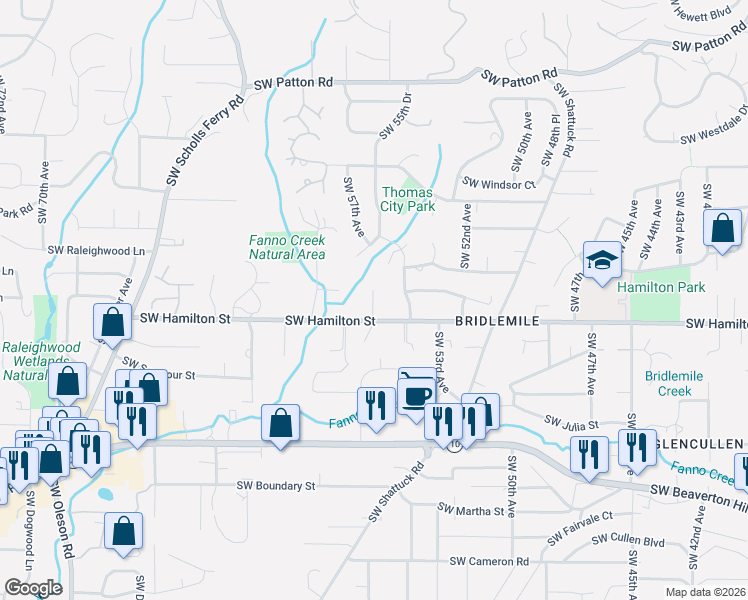 map of restaurants, bars, coffee shops, grocery stores, and more near 4215 Southwest 54th Place in Portland