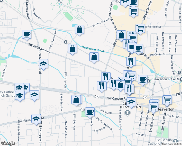 map of restaurants, bars, coffee shops, grocery stores, and more near in Beaverton