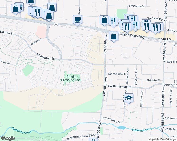 map of restaurants, bars, coffee shops, grocery stores, and more near 3801-3887 Southwest 209th Avenue in Aloha