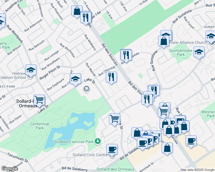 map of restaurants, bars, coffee shops, grocery stores, and more near 36 Croissant Donnacona in Dollard-des-Ormeaux