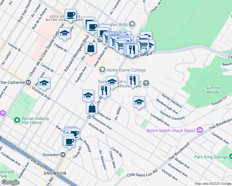 map of restaurants, bars, coffee shops, grocery stores, and more near 4300 Chemin Queen Mary in Montréal