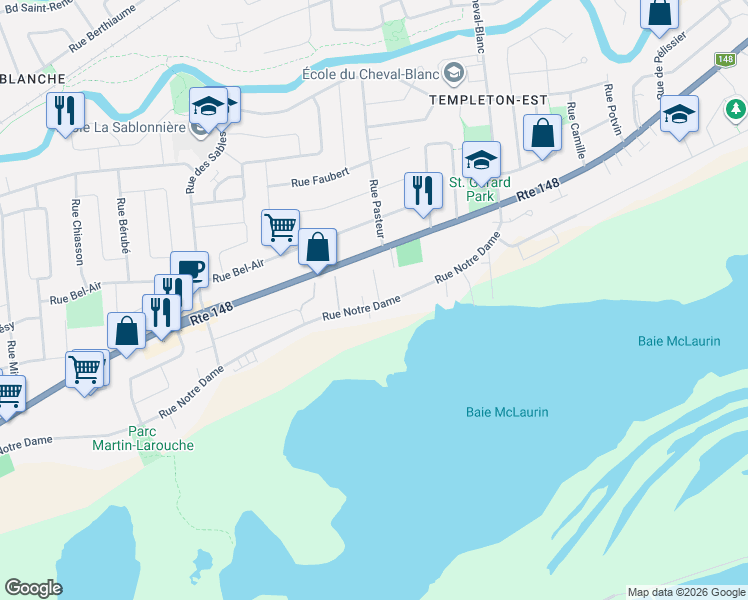 map of restaurants, bars, coffee shops, grocery stores, and more near 1151 Rue Notre Dame in Gatineau