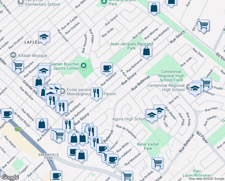 map of restaurants, bars, coffee shops, grocery stores, and more near 1555 Rue Soucy in Longueuil