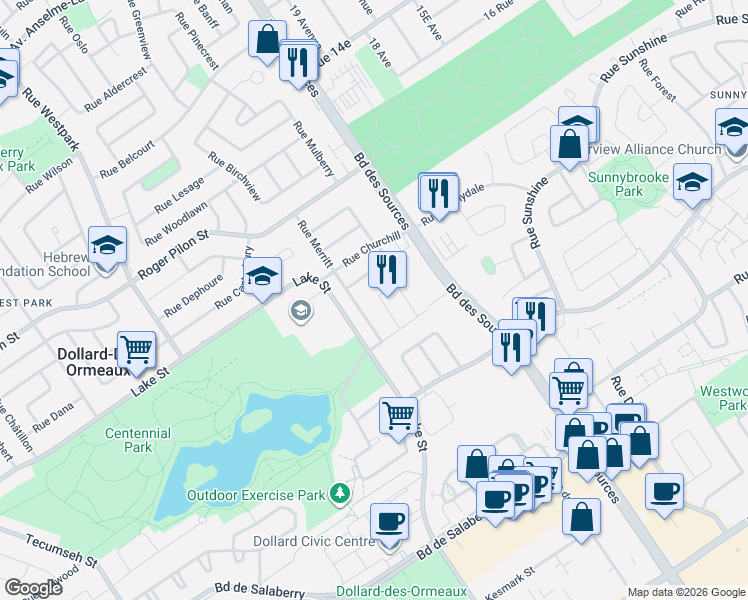 map of restaurants, bars, coffee shops, grocery stores, and more near 36 Croissant Donnacona in Dollard-des-Ormeaux