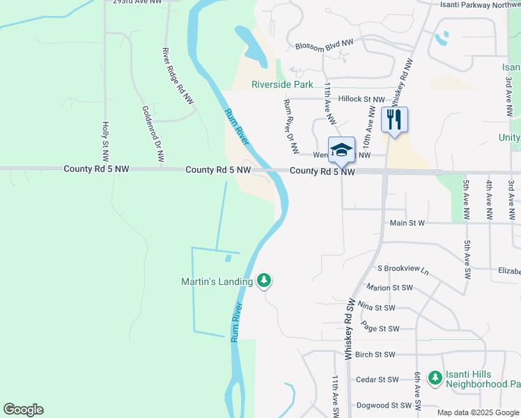 map of restaurants, bars, coffee shops, grocery stores, and more near West Wagon Road in Isanti