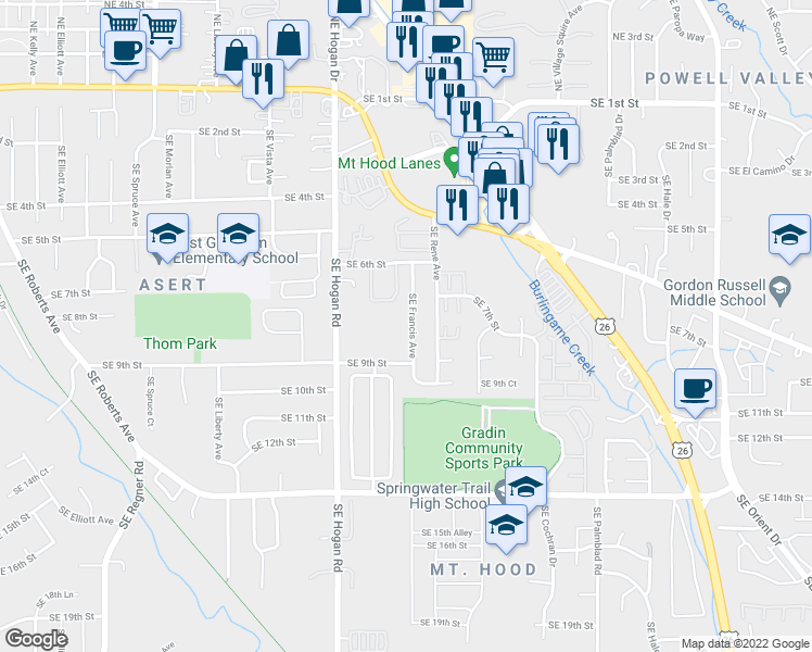 map of restaurants, bars, coffee shops, grocery stores, and more near 807 Southeast Francis Avenue in Gresham