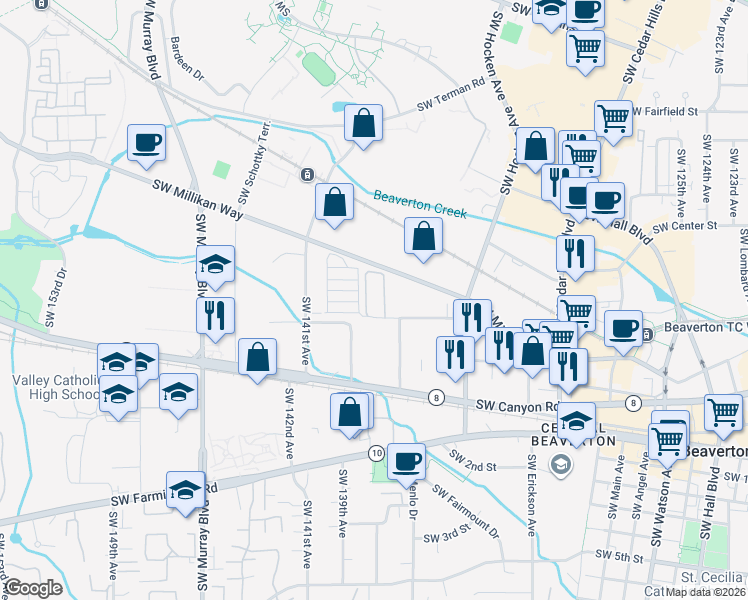 map of restaurants, bars, coffee shops, grocery stores, and more near 13795 Southwest Electric Street in Beaverton