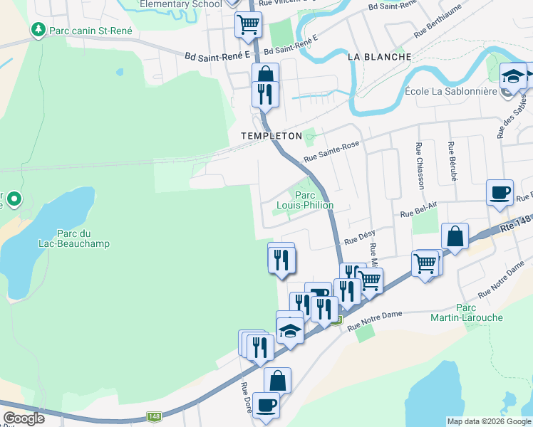 map of restaurants, bars, coffee shops, grocery stores, and more near 6 Rue Desrosiers in Gatineau