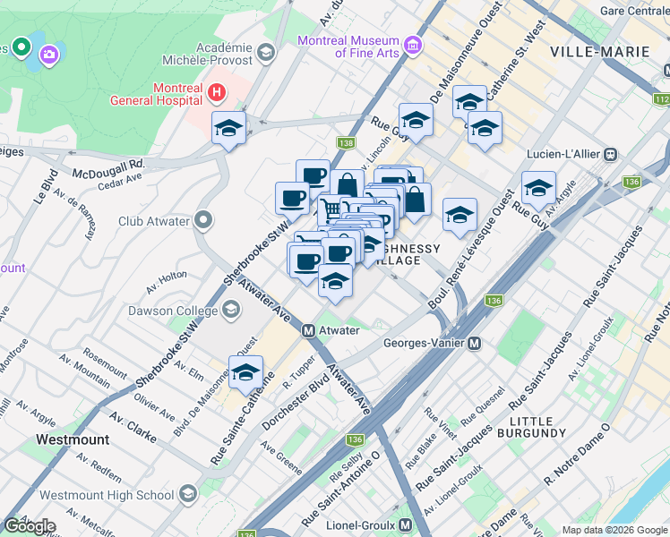 map of restaurants, bars, coffee shops, grocery stores, and more near 1433 Rue Chomedey in Montréal