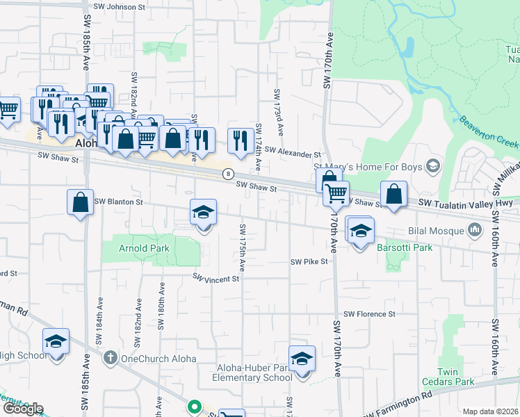 map of restaurants, bars, coffee shops, grocery stores, and more near 17361 Southwest Carson Court in Beaverton