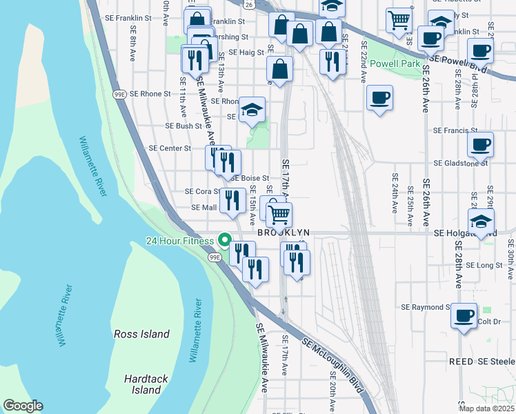 map of restaurants, bars, coffee shops, grocery stores, and more near 1511 Southeast Mall Street in Portland