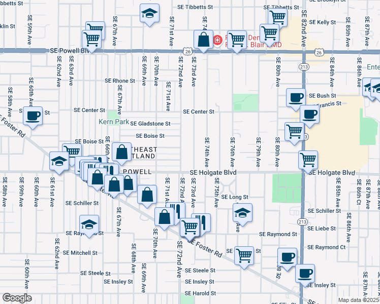map of restaurants, bars, coffee shops, grocery stores, and more near 4210 Southeast 72nd Avenue in Portland