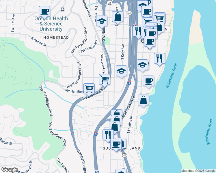 map of restaurants, bars, coffee shops, grocery stores, and more near 4320 Southwest View Point Terrace in Portland