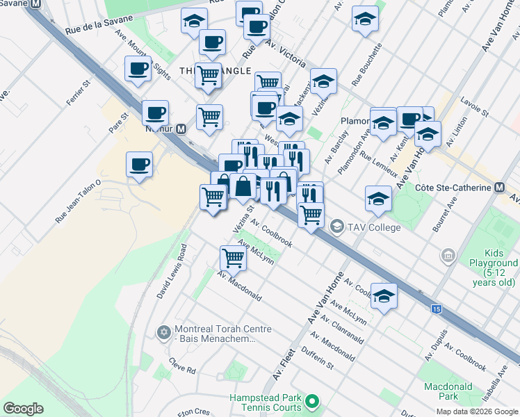 map of restaurants, bars, coffee shops, grocery stores, and more near 6740 Boulevard Décarie in Montréal