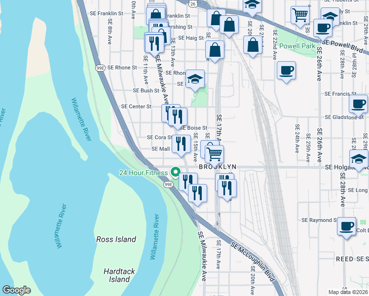map of restaurants, bars, coffee shops, grocery stores, and more near 4307 Southeast Milwaukie Avenue in Portland
