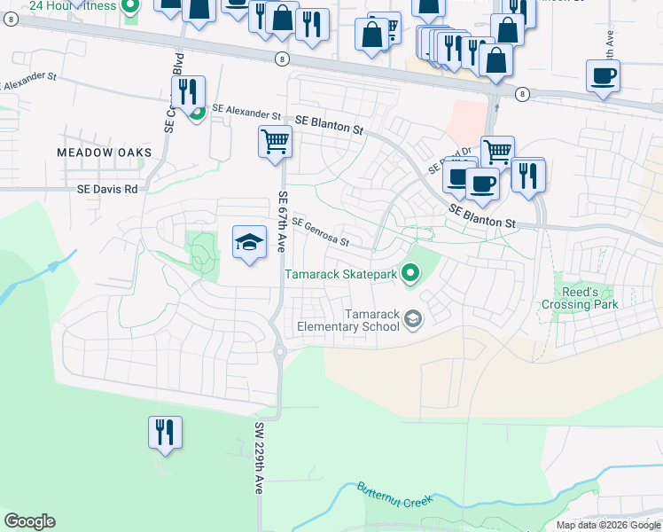 map of restaurants, bars, coffee shops, grocery stores, and more near 6919 Southeast Tamarack Street in Hillsboro