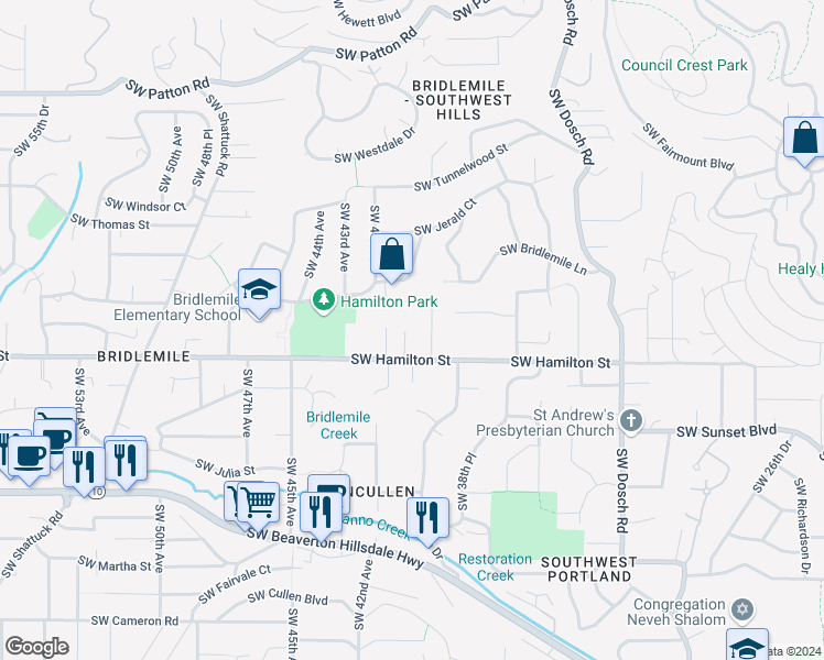 map of restaurants, bars, coffee shops, grocery stores, and more near 4029 Southwest Hamilton Street in Portland