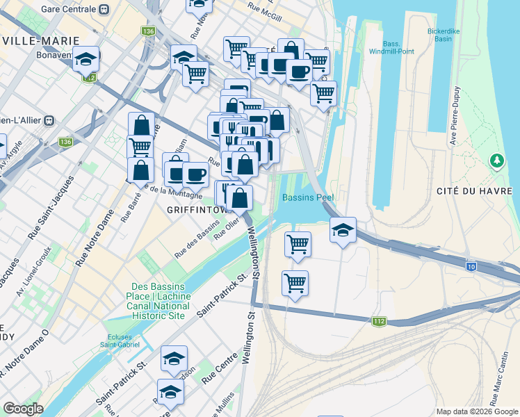 map of restaurants, bars, coffee shops, grocery stores, and more near 100 Rue Murray in Montréal