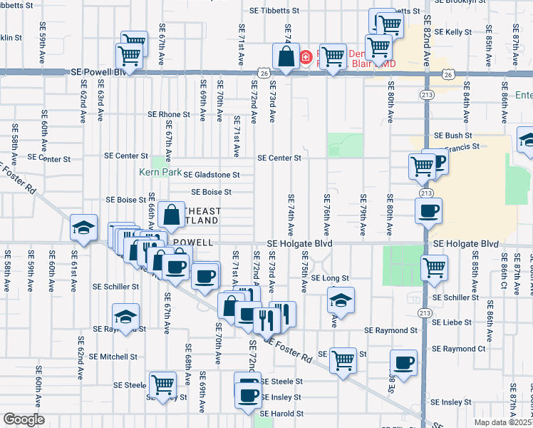 map of restaurants, bars, coffee shops, grocery stores, and more near 4210 Southeast 72nd Avenue in Portland