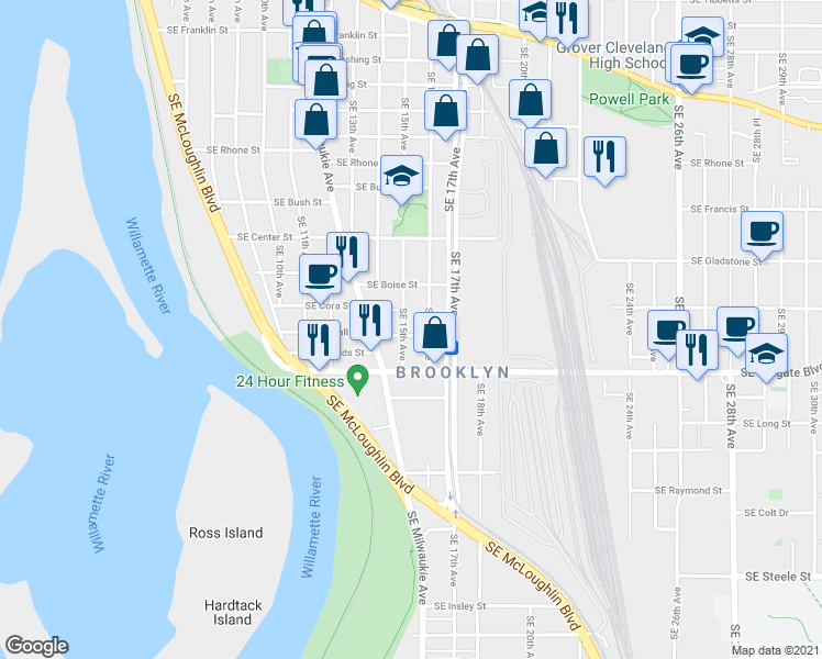 map of restaurants, bars, coffee shops, grocery stores, and more near 4305 Southeast 15th Avenue in Portland