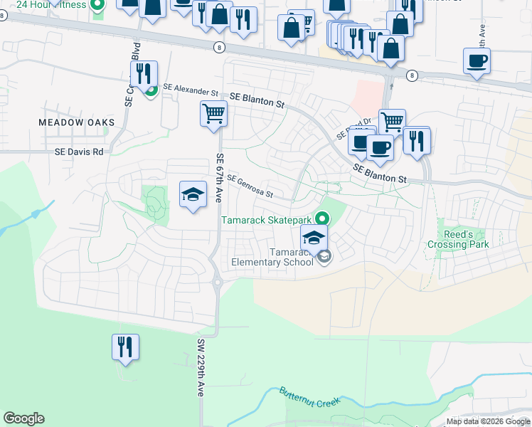 map of restaurants, bars, coffee shops, grocery stores, and more near 6919 Southeast Tamarack Street in Hillsboro