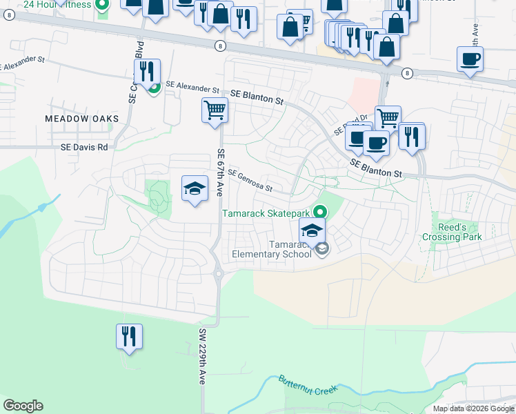 map of restaurants, bars, coffee shops, grocery stores, and more near 6919 Southeast Tamarack Street in Hillsboro