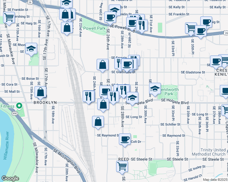 map of restaurants, bars, coffee shops, grocery stores, and more near 4321 Southeast 27th Avenue in Portland