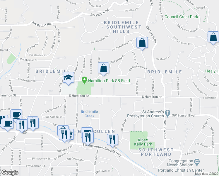 map of restaurants, bars, coffee shops, grocery stores, and more near 4029 Southwest Hamilton Street in Portland