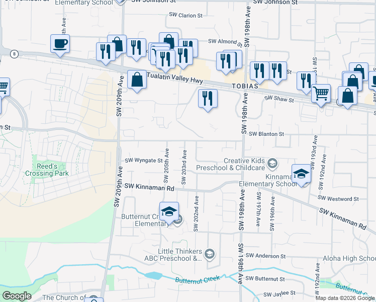 map of restaurants, bars, coffee shops, grocery stores, and more near 3830 Southwest 203rd Avenue in Aloha