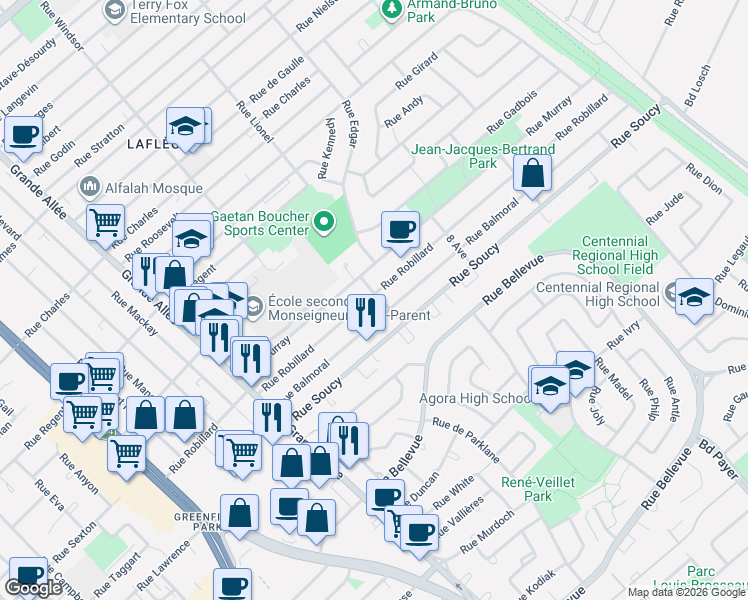 map of restaurants, bars, coffee shops, grocery stores, and more near 1614 Rue Robillard in Longueuil