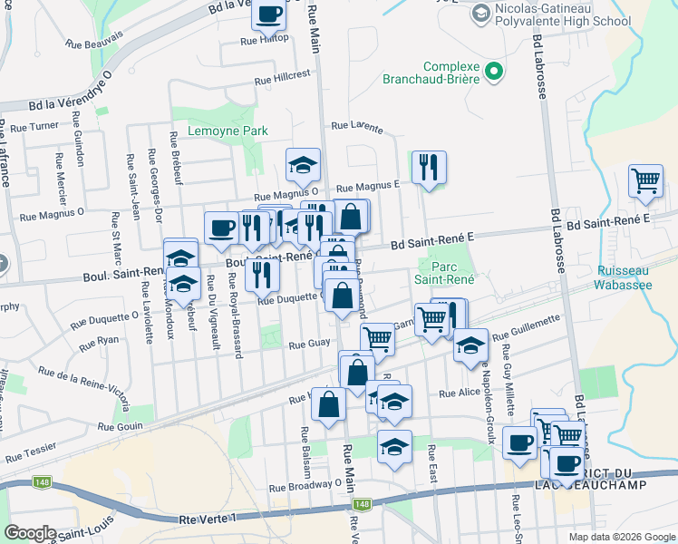 map of restaurants, bars, coffee shops, grocery stores, and more near 384 Rue Main in Gatineau